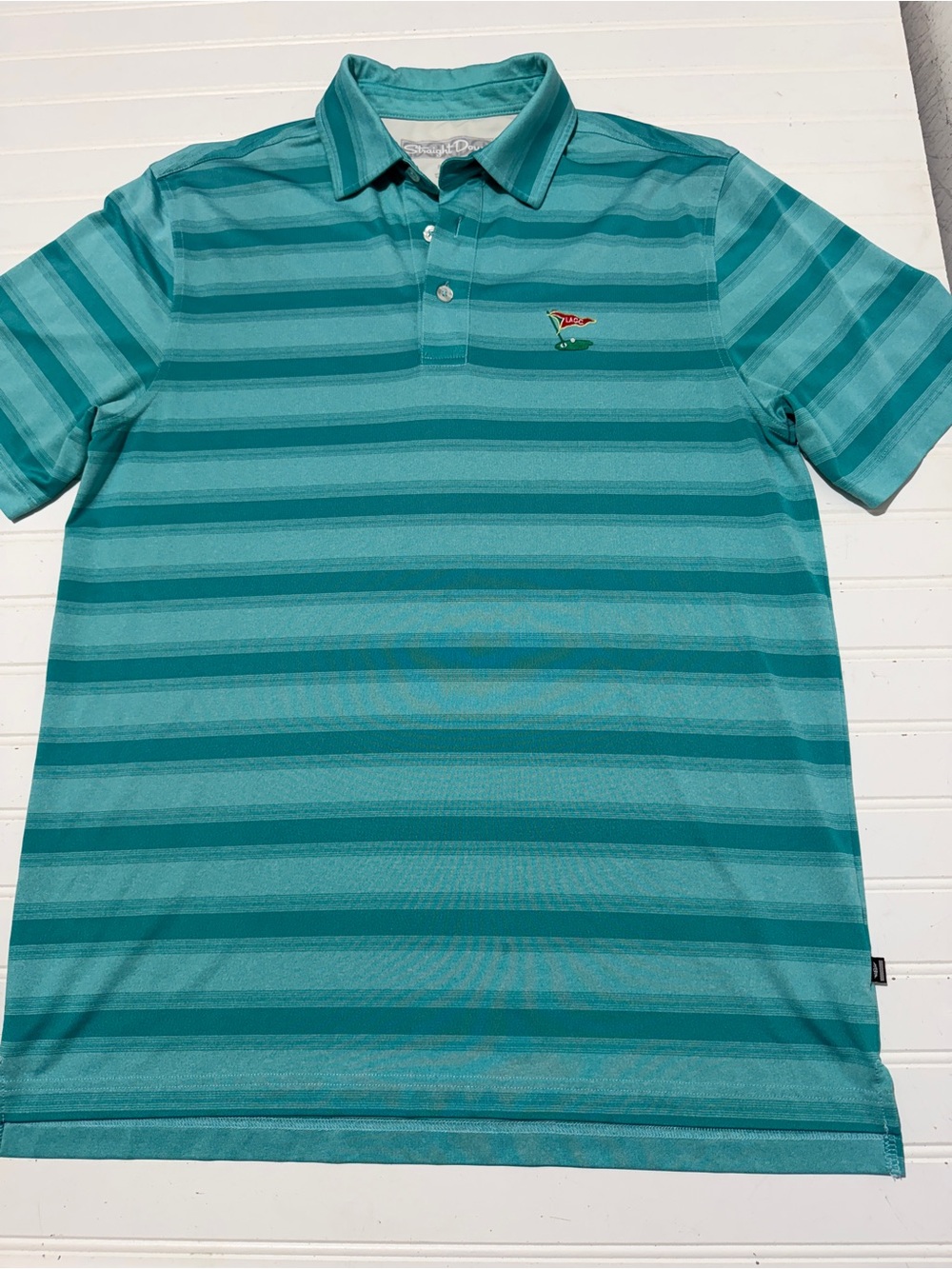 Straight Down Golf Polo Shirt - Mens Med - L.A.C.C. Embroidered Logo Teal Stripe